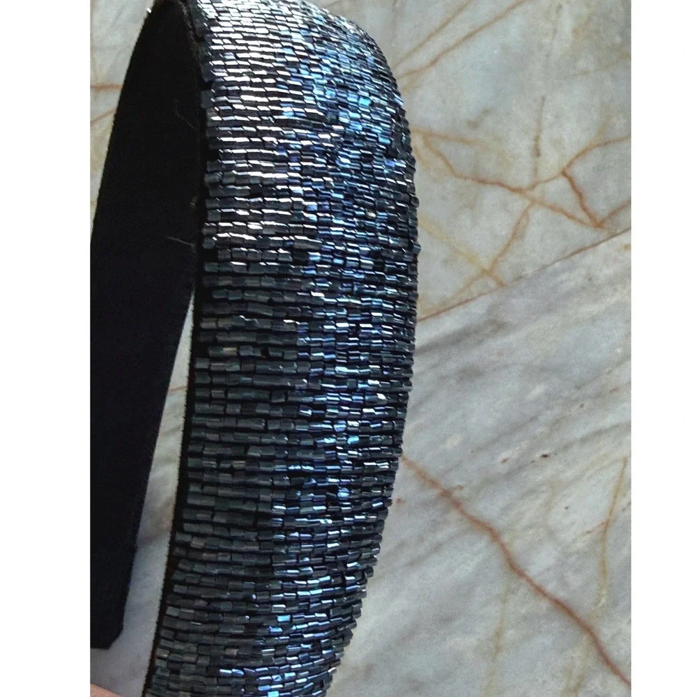 Gunmetal Beaded Headband Metallic Black Bugle Bead Hair Accessory Hand Beaded